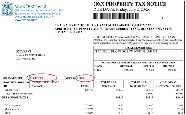 Where to find Folio Number and Access Code on your Property Tax Notice