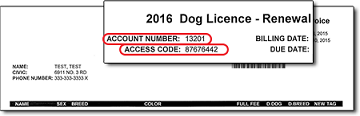 Where to find dog licence account number and access code